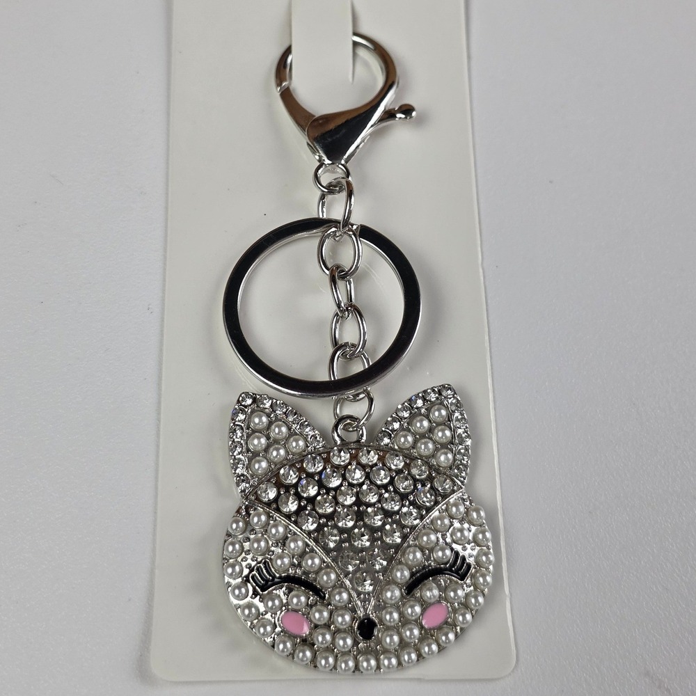 Pastel Collection Fox Bag Charm Key Chain Silver NEW Pearl Rhinestone
